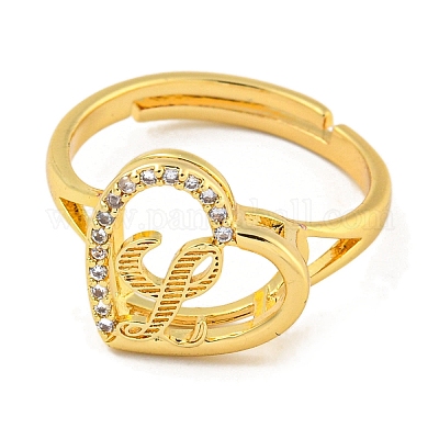 Сердце с буквой стойка покрытие латунь микро паве кубический цирконий регулируемые кольца для женщин RJEW-I105-06G-L-1