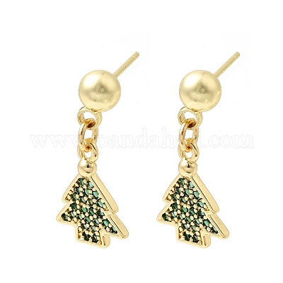 Рождественские серьги-гвоздики с подвесками из латуни с микропаве из кубических цирконий EJEW-L306-01G-01-1