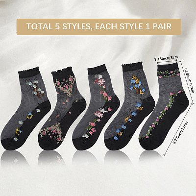 5 пара носков из цветочного цинлона и стеклянного шелка для женщин AJEW-WH20088-007-1