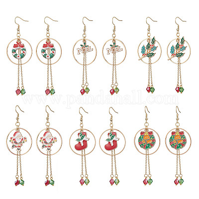6 пара 6 стильных серег-подвесок из сплава и эмали с рождественской тематикой EJEW-JE06560-1