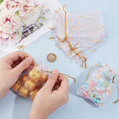 50 шт. подарочные мешочки для хранения из органзы с завязками и золотым тиснением в виде луны и звезд&nbsp;OP-BBC0001-03A-01-1