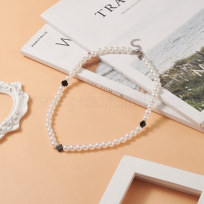 Женское колье из натурального черного оникса с крестом и акриловым искусственным жемчугом NJEW-JN04218-1