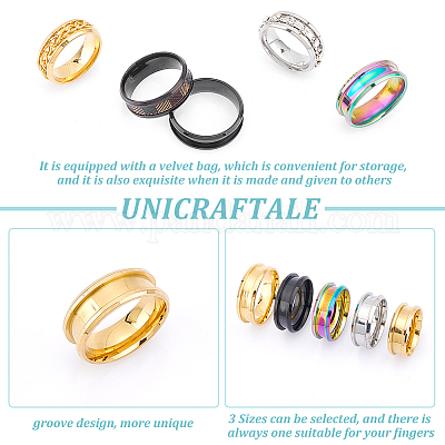 UNICRAFTALE 20pcs 5 Colors Blank Core Ring Size 7 Stainless Steel Grooved  Finger Ring for Inlay Round Empty Ring Blanks with Velvet Pouches for