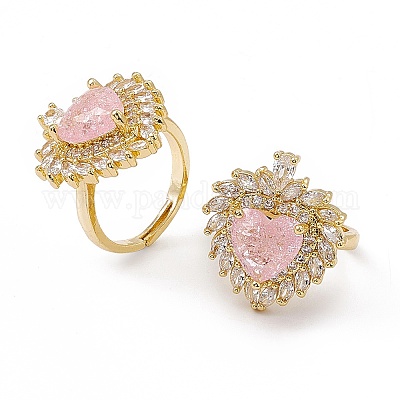 Регулируемое кольцо в форме сердца из розового стекла с кубическим цирконием RJEW-J017-VC499-1