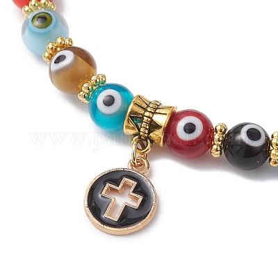 Браслеты с подвесками из сплава с эмалью и плоскими круглыми крестами BJEW-JB12269-03-1