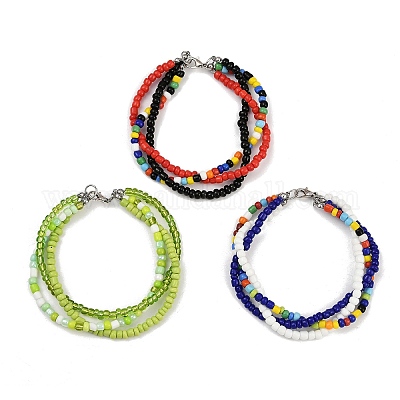 3шт 3-х цветные стеклянные бусины многорядные браслеты для женщин BJEW-JB12052-1