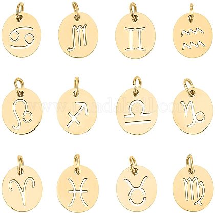 UNICRAFTALE 12pcs Stainless Steel 12 Constellations Charm Zodiac Sign Pendants Charms Golden 3mm Hole Flat Round with Constellation Pendant for DIY Jewelry Craft Making 12mm STAS-UN0003-65G-1