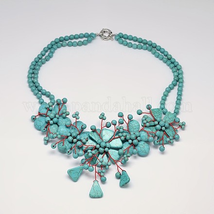 Flower Synthetic Turquoise Bib Statement Necklaces NJEW-P102-58-1