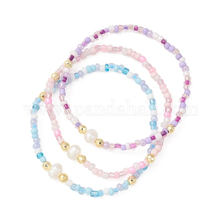 Set di braccialetti elasticizzati con perle naturali e semi di 3 pezzo in 3 colori BJEW-JB09437-1