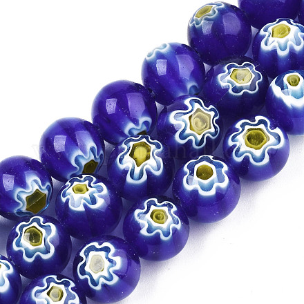 手作りミッレフィオーリガラスビーズ連売り  花模様の丸  ブルー  10mm  穴：1.2mm  約36~38個/連  13.78インチ〜14.88インチ（35cm〜37.8cm） LK-T001-10F-1