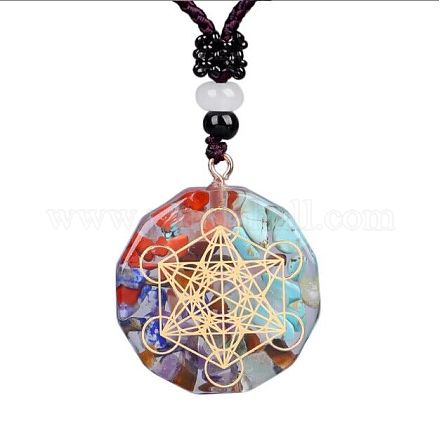 Chakra Yoga Theme Mixed Gemstone with Polygon Resin Pendant Necklace with Polyester Cord for Women CHAK-PW0001-025E-1