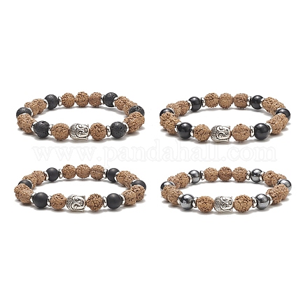Tête bouddhiste en alliage de pierres précieuses et bracelet extensible en perles de bois pour femme BJEW-JB09151-1