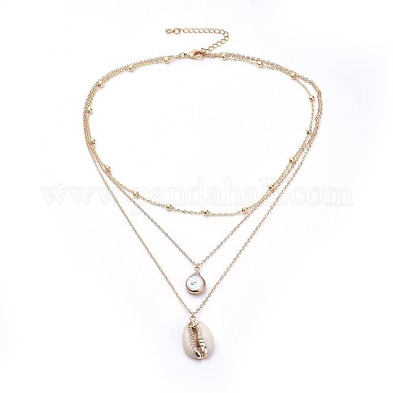 Cowrie Shell and Plated Natural Baroque Pearl Keshi Pearl Tiered Necklaces X-NJEW-JN02389-1