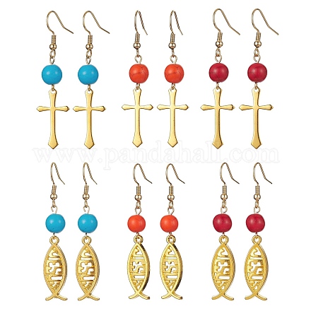 6 Pair 6 Style Brass Cross & Alloy Jesus Fish Dangle Earrings EJEW-JE05401-1
