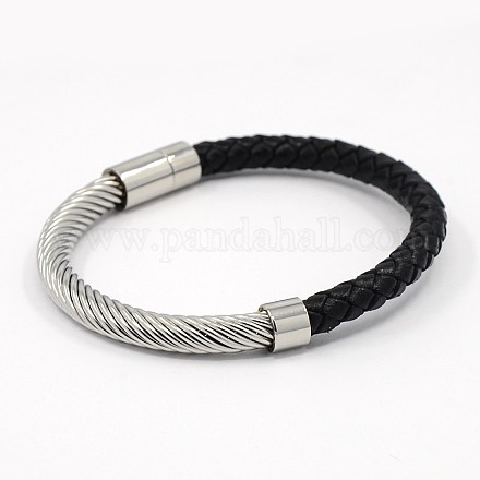 La mode unisexe en acier inoxydable tressé cordon de cuir magnétiques fermoirs bracelets X-BJEW-L237-06-1