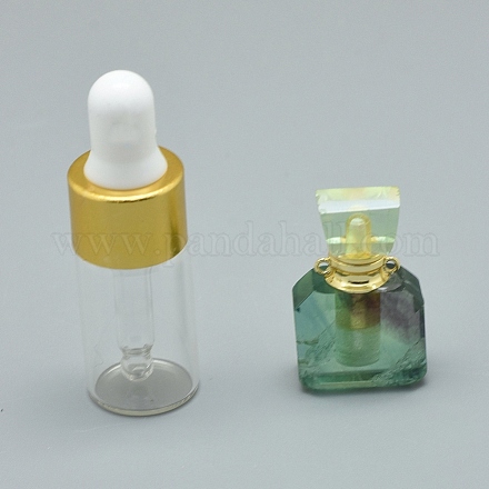 多面的な天然蛍石の開閉可能な香水瓶ペンダント  真鍮のパーツとガラスのエッセンシャルオイルのボトル  30x18x10.5mm  穴：1.2mm  ガラス瓶容量：3ml（0.101液量オンス）  宝石の容量：1ml（0.03液量オンス） G-E556-15A-1