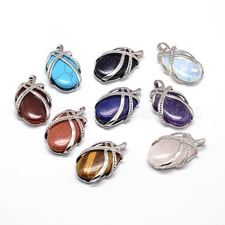 Oval Platinum Plated Brass Natural & Synthetic Mixed Stone Pendants G-F228-34-RS-1