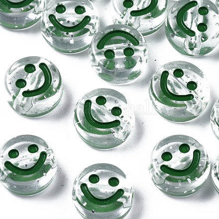 透明なアクリルビーズ  水平穴  キラキラパウダー＆エナメル入り  笑顔のフラットラウンド  濃い緑  10x5mm  穴：2mm  約1600個/500g MACR-N008-55C-1