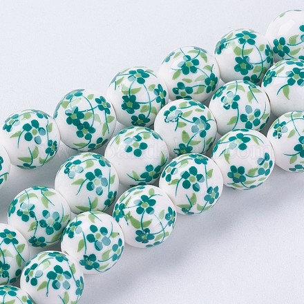 Chapelets de perles en céramique imprimées de fleurs manuelles PORC-J006-B04-1