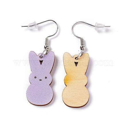 Rabbit Wooden Dangle Earrings EJEW-D189-01F-1