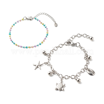 Étoile de mer & tortue & cauris forme de coquille 304 ensemble de bracelets à breloques en acier inoxydable pour fille femmes BJEW-JB06984-1