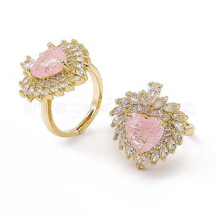 Pink Glass Heart Adjustable Ring with Cubic Zirconia RJEW-J017-VC499-1