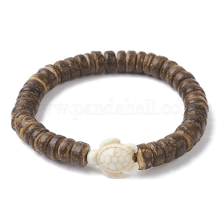 Женский эластичный браслет из натурального кокосового диска и синтетической бирюзовой черепахи из бисера BJEW-JB09700-05-1