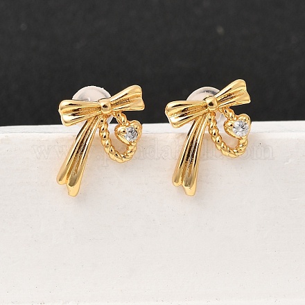 Серьги-гвоздики с бантом из латуни с микропаве из прозрачных кубических цирконий EJEW-C158-14A-G-1