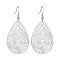 Brass Dangle Earrings, Teardrop with Ginkgo Leaf Pattern, Platinum, 58x38mm