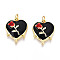 Brass Enamel Pendants, with Jump Ring, Cadmium Free & Lead Free, Heart with Flower Charms, Real 18K Gold Plated, Black, 19x15.5x4mm, Hole: 3.5mm