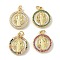 Brass Micro Pave Cubic Zirconia with Shell Pendants, Flat Round with Saint Benedict, Long-Lasting Plated, Lead Free & Cadmium Free, Rack Plating, with Jump Ring, Real 18K Gold Plated, Mixed Color, 19.5x17x3.5mm, Hole: 3mm