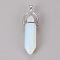 Opalite Pointed Pendants, with Brass Findings, Bullet, Platinum, 40x13x10mm, Hole: 4x5mm