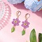 304 Stainless Steel Flower with Leaf Leverback Earrings, with Glass Seed Beads & Nylon Wire & Acrylic Charms, Golden, Plum, 56x18mm