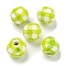 Printed Wood European Beads, Round with Tartan Pattern, Green Yellow, 15.5~16mm, Hole: 4~4.5mm