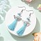 Angel 304 Stainless Steel Dangle Earrings, with Seed Beads & Polyester Tassel & Glass Pearl Round Beads, Antique Silver, Light Sky Blue, 72~69x22mm