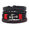 4Pcs 4 Styles Wood Beads Stretch Braceletas & Alloy Artificial Leather Cord Bracelet Sets for Men, Cross, Black, 2-1/8~2-3/4 inch(5.5~7cm)