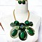 Aluminum Wire Wrapped Resin Beaded Oval Pendant Necklaces & Flat Round Stud Earrings Sets, Green, 390mm