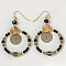 Brass Glass Flat Round with Rondelle Beaded Dangle Earrings, Golden, Black, 55mm