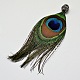 孔雀の羽の大きなペンダント  ポリマークレイラインストーン、真鍮のパーツと  プラチナ  濃い緑  102~147x40~68x10mm  穴：2mm RB-I074-01-2
