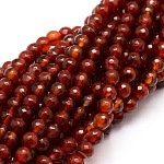Faceted Natural Agate Round Beads Strands, Dyed, Orange Red, 6mm, Hole: 1mm, about 64pcs/strand, 14.7 inch