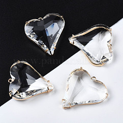 Transparente Glas-Anhänger, mit hellgoldfarbenen Messingfunden, langlebig plattiert, facettiert, Herz, Transparent, 27.5x25x7.5 mm, Bohrung: 1.4 mm