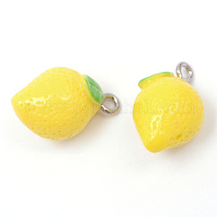 Ciondoli in resina limone, con platino placcato i risultati di ferro, giallo, 20~24x12x12mm, Foro: 2 mm