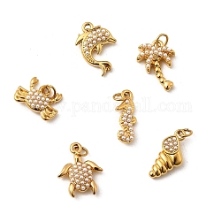 Ciondoli in acciaio inossidabile 304 con perle finte ABS, ciondoli della collezione Ocean, placcatura ionica (ip), vero placcato oro 18k, con anello di salto, forme misto, 8.5~14.5x5.5~12x3~4mm, Foro: 2.4 mm