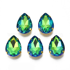 Cose en el rhinestone, Enlaces multifilares, Diamantes de imitación de cristal, Con engastes de puntas de acero inoxidable 201 bañados en oro, accesorios de prendas de vestir, facetados, lágrima, verde claro, 18x13x6.5mm, agujero: 1 mm