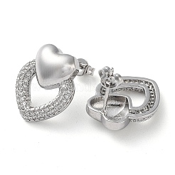 Серьги-гвоздики из латуни с микро-паве и прозрачным фианитом в форме сердца&nbsp;EJEW-A034-07P