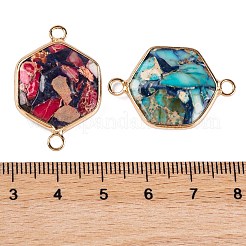 染色された天然インペリアルジャスパーのコネクターチャーム  金色の真鍮六角リンク  ミックスカラー  29x19.5x5mm  穴：2.5mm&nbsp;G-B083-05G