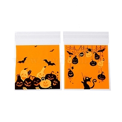 ハロウィンテーマのプラスチック耐熱皿バッグ  粘着式  チョコレート用  キャンディ  クッキー  カボチャとコウモリと猫の広場  オレンジ  130x100x0.05mm  内径：100x100mm  2スタイル  50個/スタイル  100個/袋&nbsp;ABAG-F007-01C