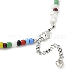 Ожерелья из круглого стеклянного бисера в стиле бохо с подвесками в виде сердечек из сплава античного серебряного тона NJEW-JN05216