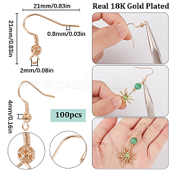 コイルとボール付き真鍮フレンチフック100個  耳ワイヤー  24KGP本金メッキ  21x21x4mm  穴：2mm  ピン：0.8mm&nbsp;KK-SC0003-61G