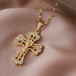 Collier pendentif croix de Jésus vintage en acier inoxydable et verre transparent pour femme&nbsp;EK1005